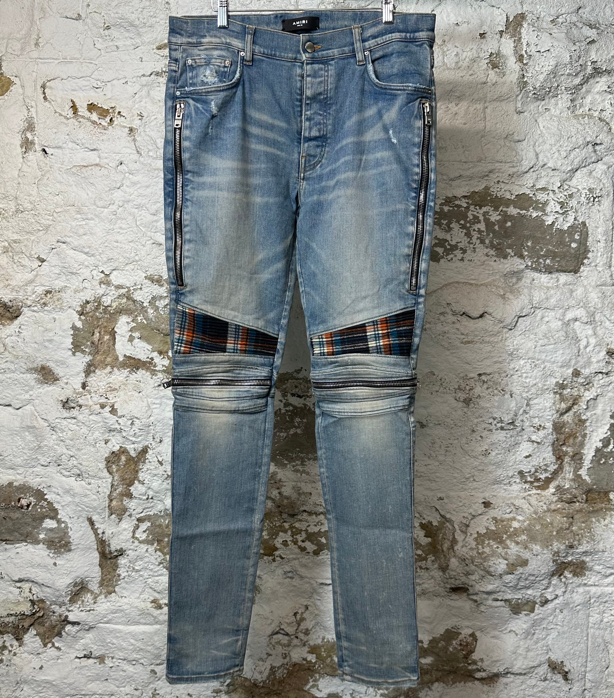 Amiri MX2 Multicolor Flannel Blue Denim Jeans Sz 34