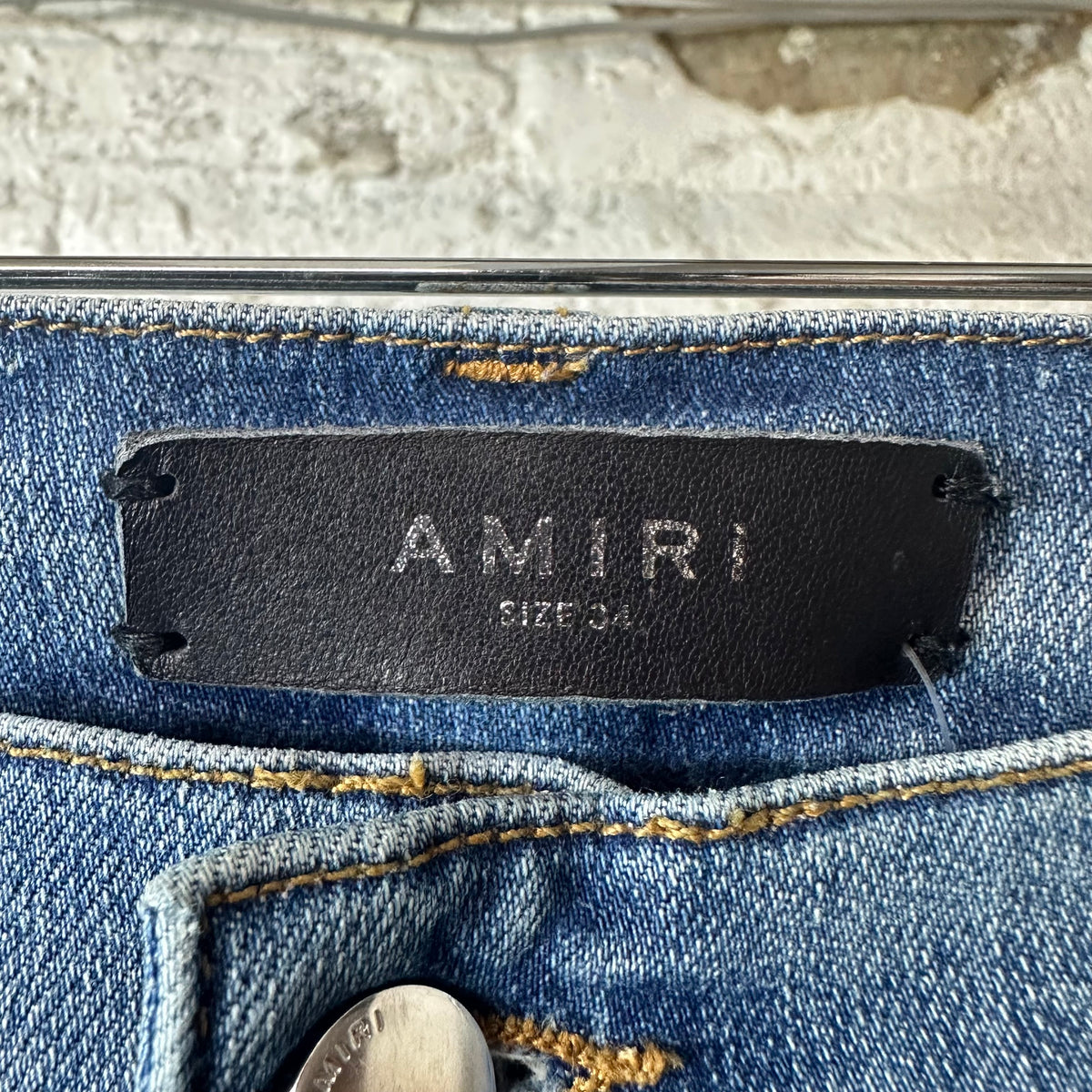 Amiri MX2 Yellow Brown Patch Blue Denim Jeans Sz 34