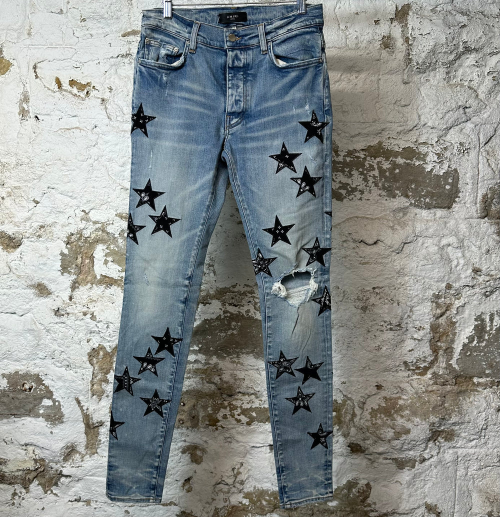 Amiri Black Paisley Star Blue Denim Jeans Sz 30