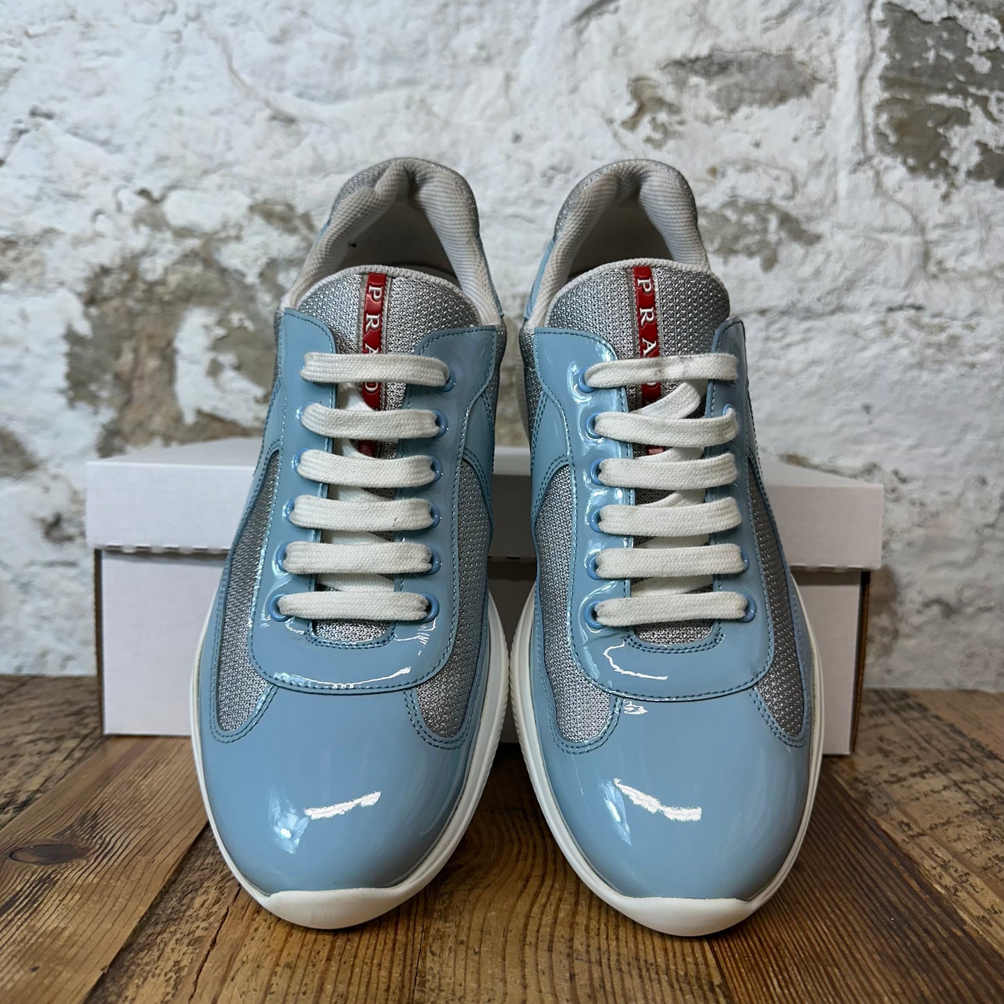 Prada Americas Cup Baby Blue Patent Grey White Sneaker Sz 9