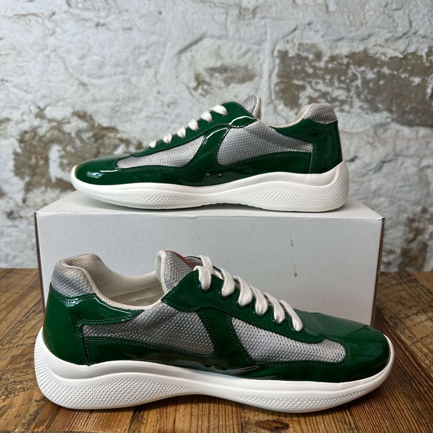 Prada Americas Cup Green Patent Grey White Sneaker Sz 8.5