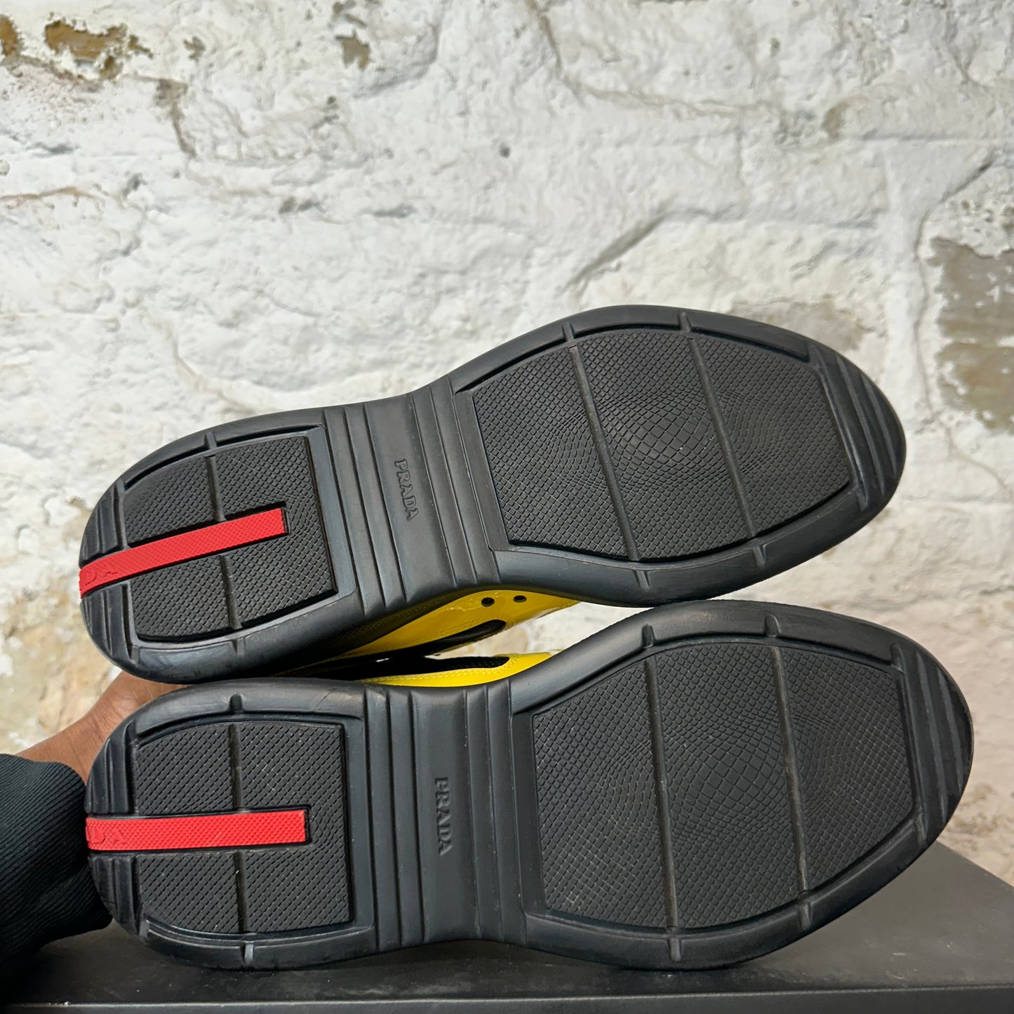 Prada Americas Cup Yellow Patent Black Sneaker Sz 8.5