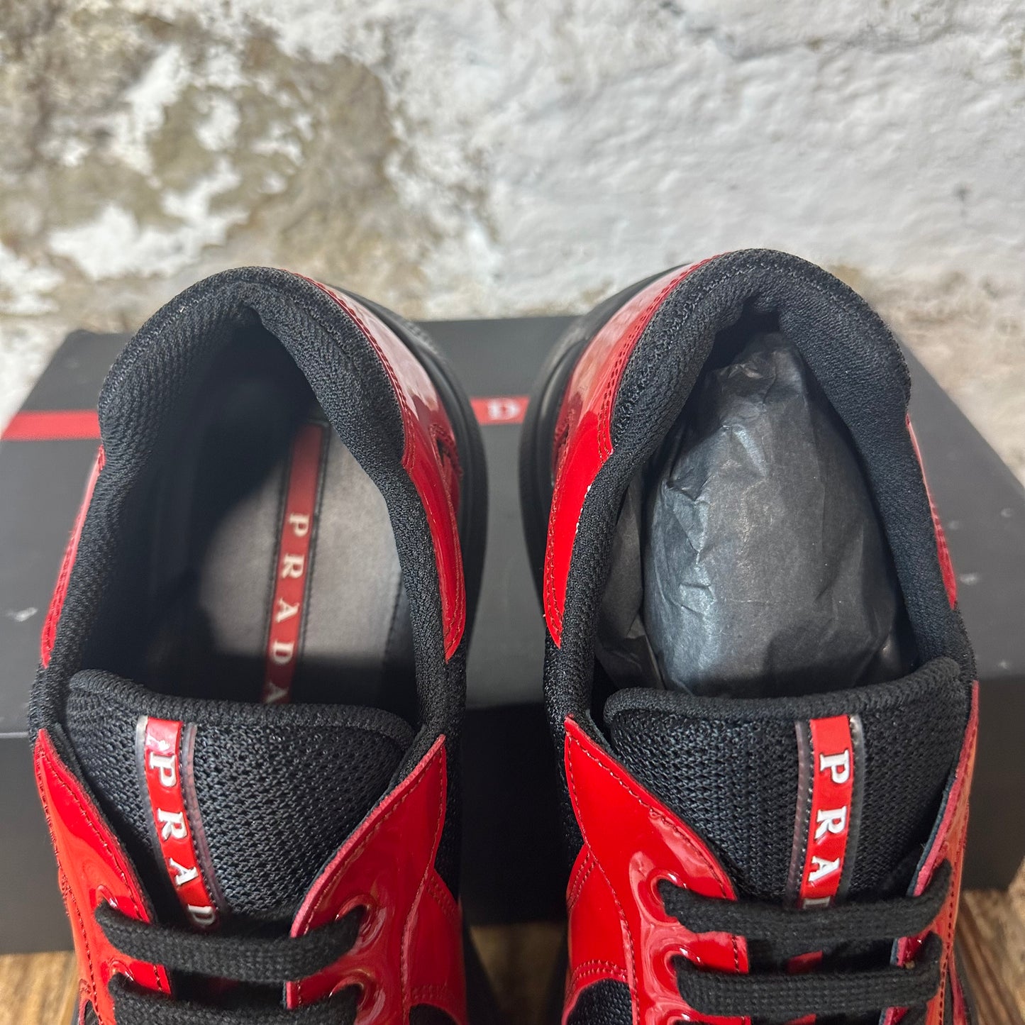 Prada Americas Cup Red Patent Black Sneaker Sz 9