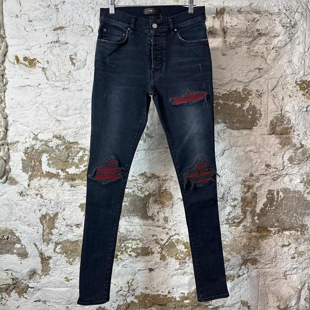 Amiri MX1 Red Suede Faded Black Denim Jeans Sz 29
