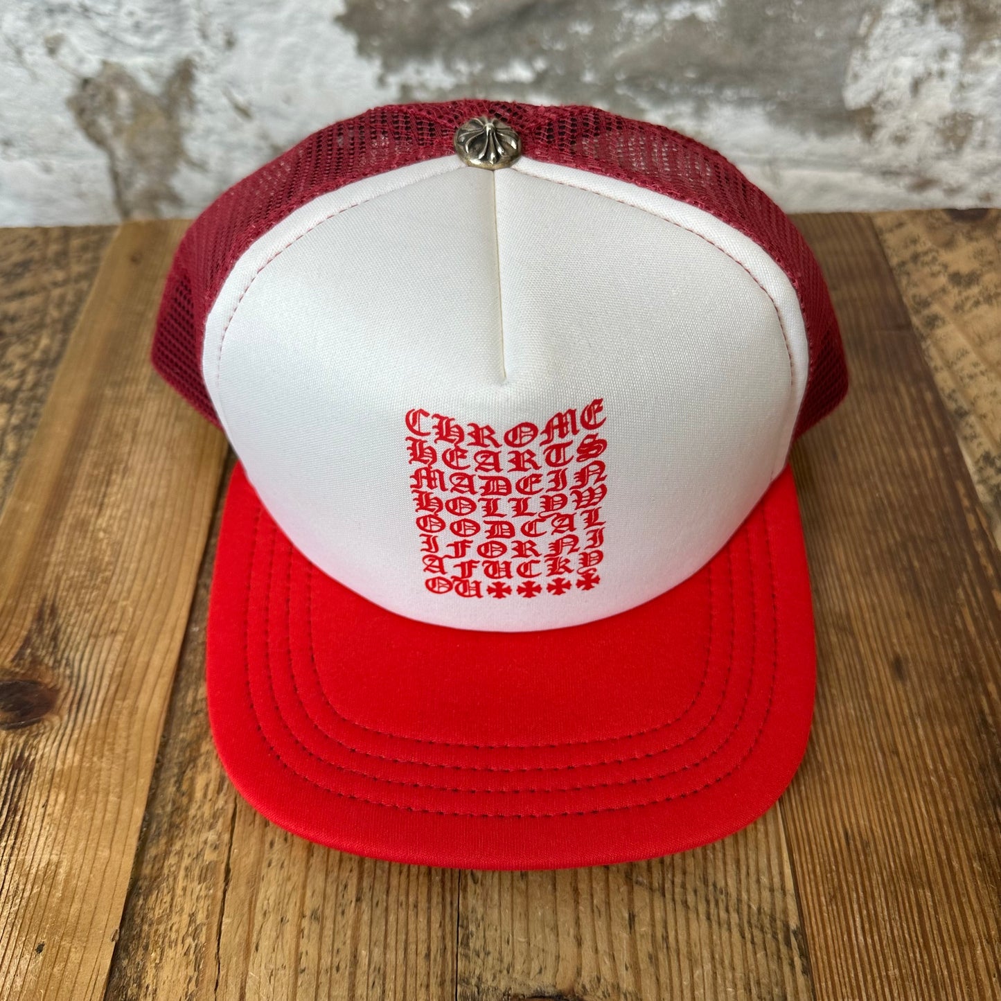 Chrome Hearts Red White Eyechart Trucker Hat