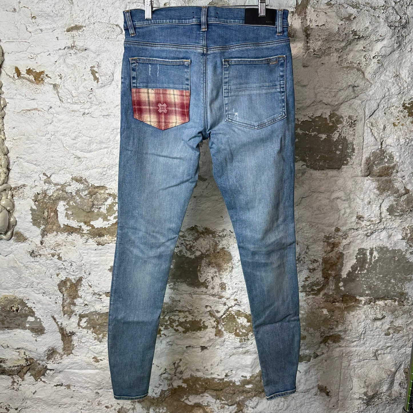 Amiri MX1 Red Plaid Quad Blue Denim Jeans Sz 31