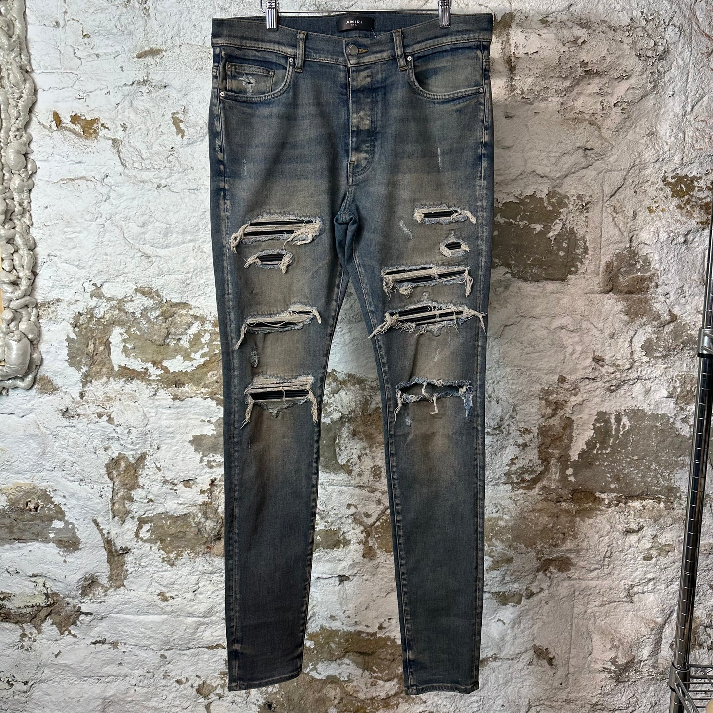 Amiri MX1 Black Leather Thrasher Dirty Blue Denim Jeans Sz 36