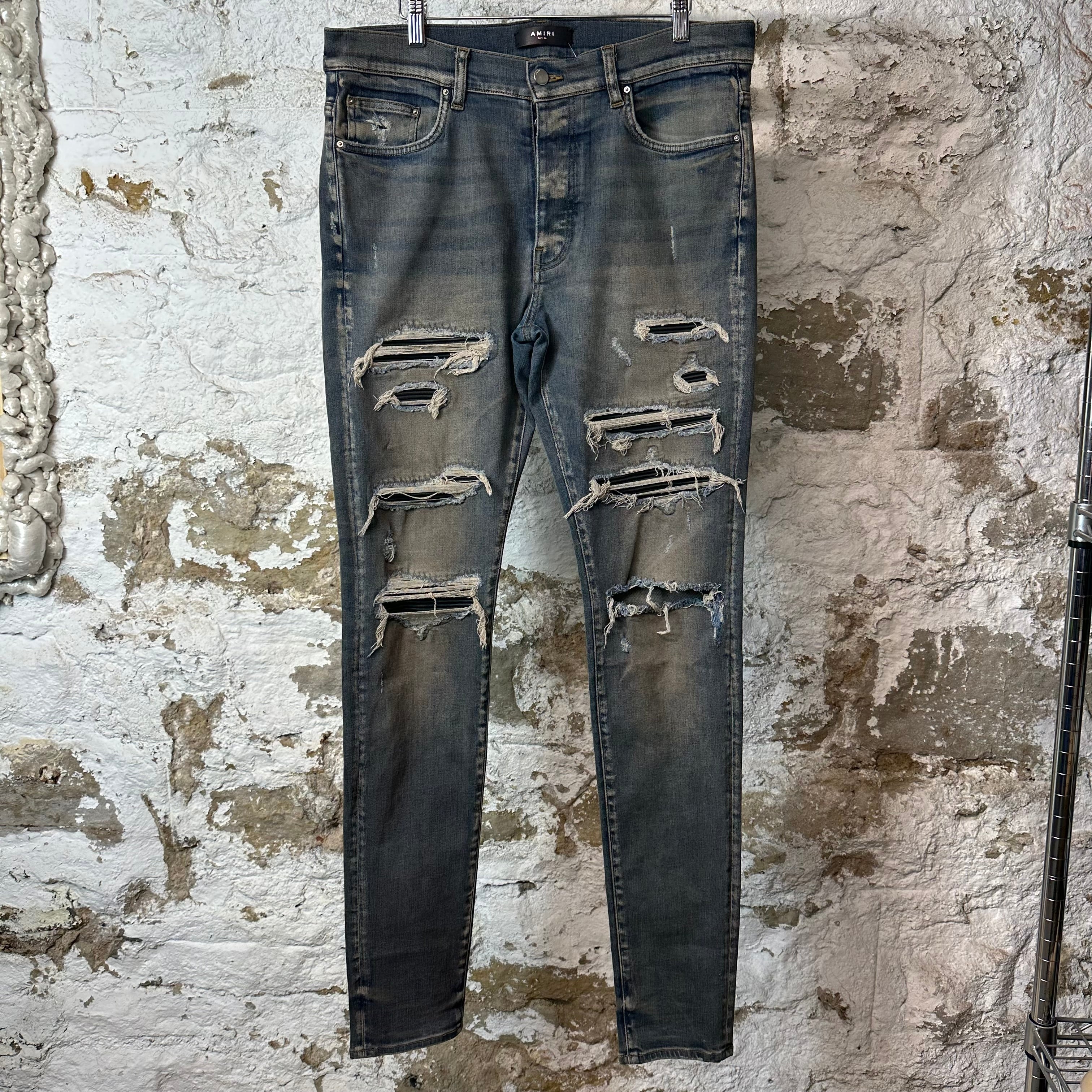 Amiri MX1 Black Leather Thrasher Dirty Blue Denim Jeans Sz 36