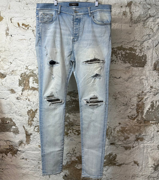 Amiri MX1 Camo Patch Lightwash Blue Denim Jeans Sz 40
