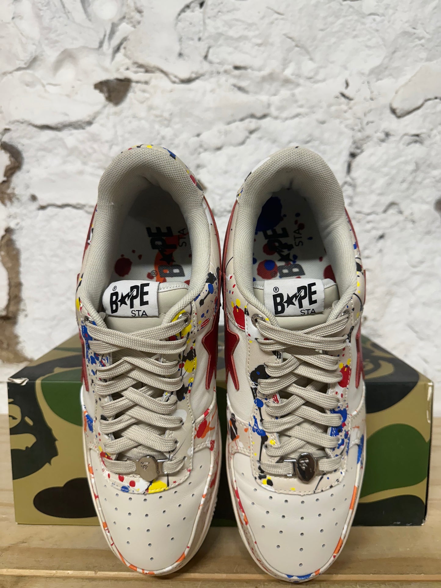 Bape Bapesta Paint Splatter Beige Sz 10