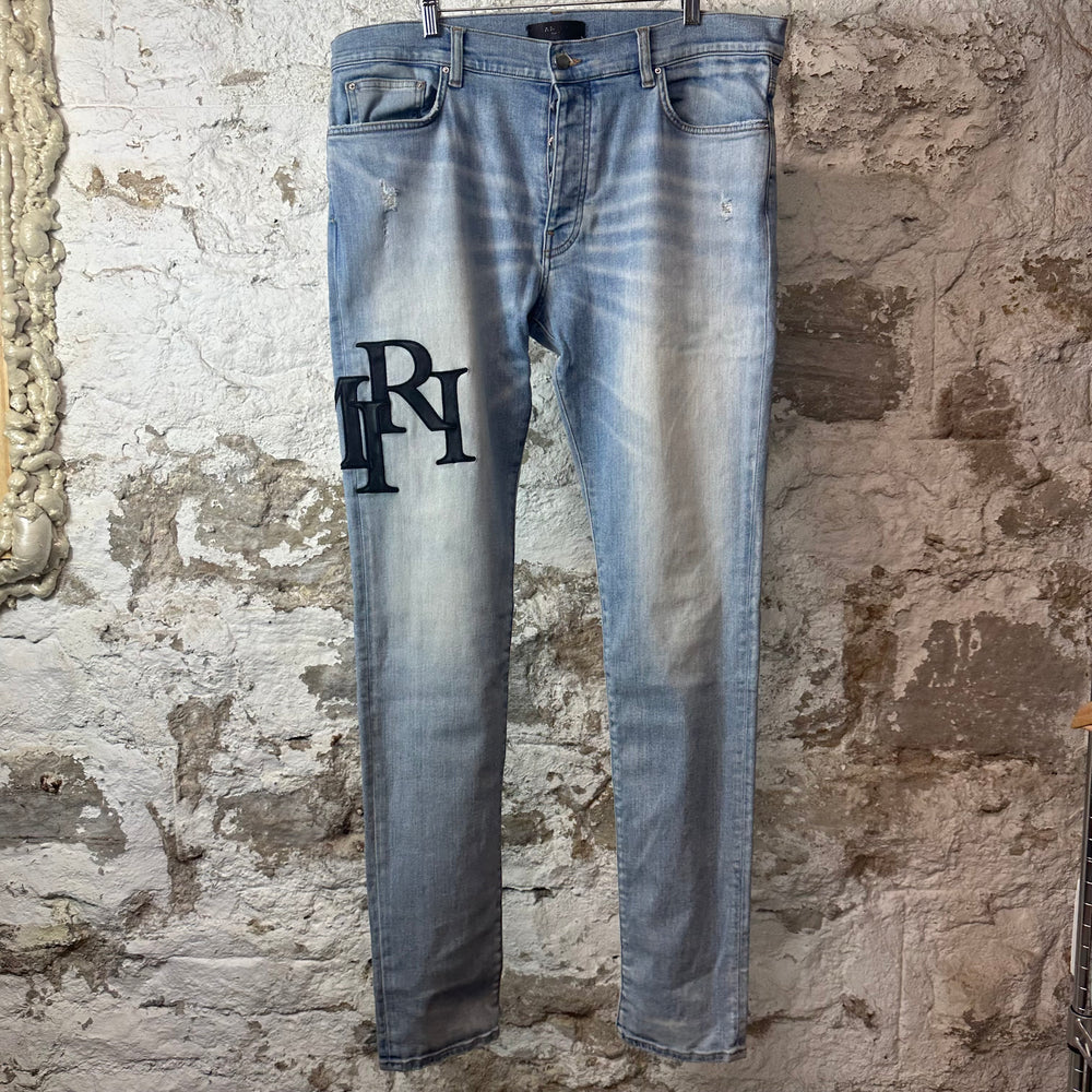 Amiri Black Leather Stagger Blue Denim Jeans Sz 36