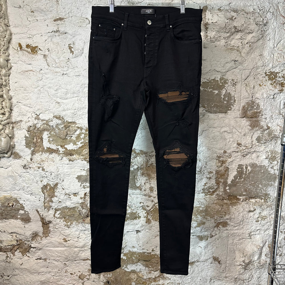Amiri MX1 Brown Suede Black Denim Jeans Sz 36