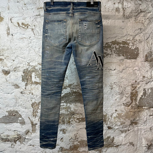 Amiri Leather Stagger Logo Distressed Blue Denim Jeans Sz 30