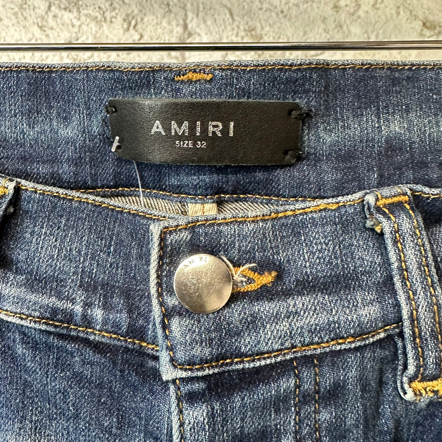 Amiri MX1 Orange Suede Dark Blue Denim Jeans Sz 32
