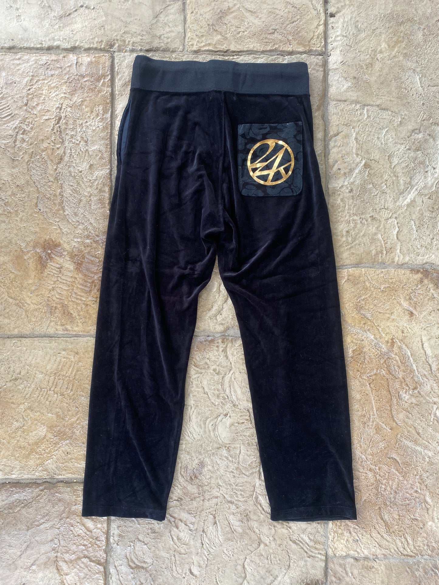 Bape Golden Logo Black Velour Sweatpants Sz S