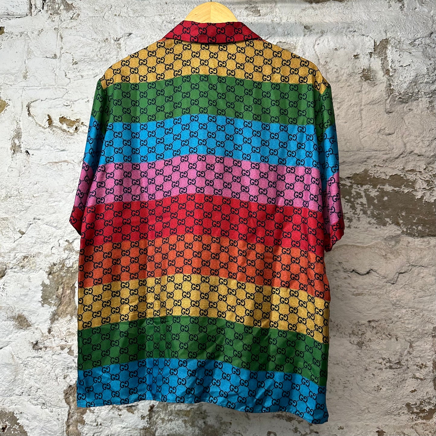 Gucci GG Monogram Rainbow Silk Button Up Shirt Sz S