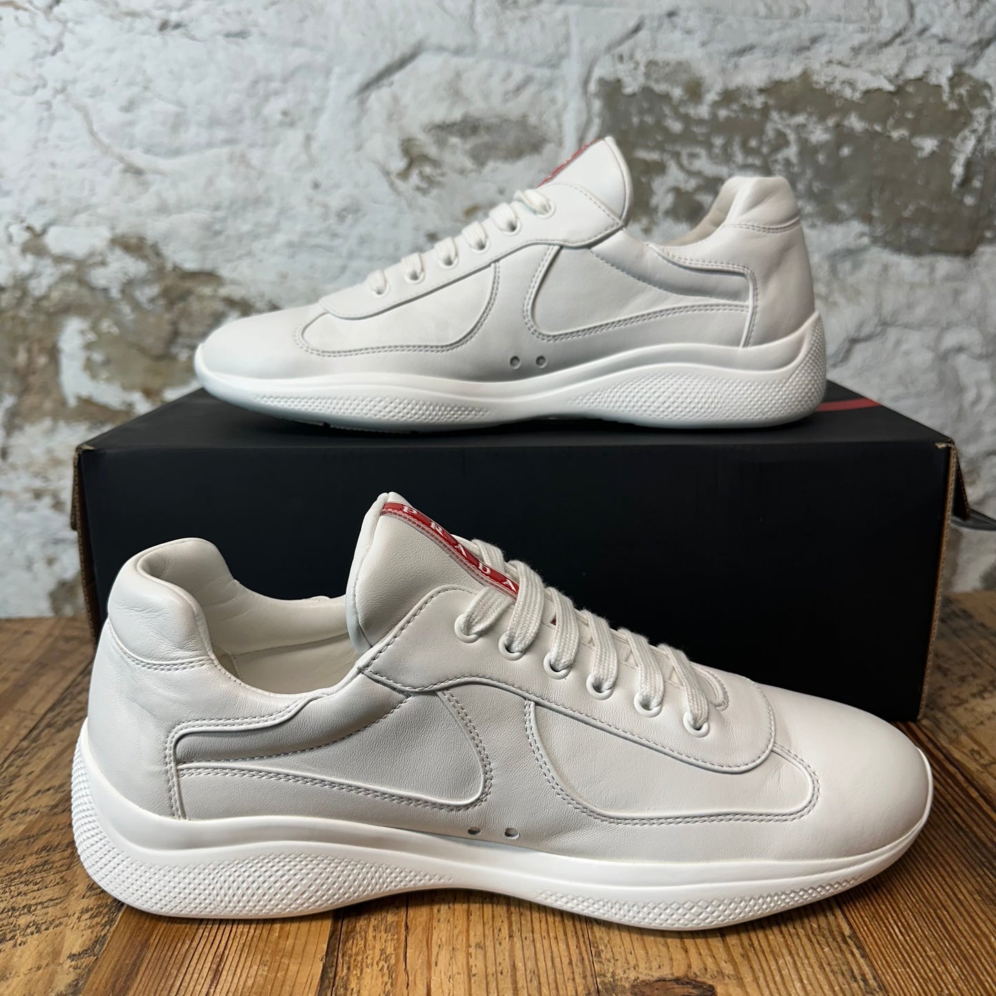 Prada Americas Cup Triple White Leather Sneaker Sz 9.5