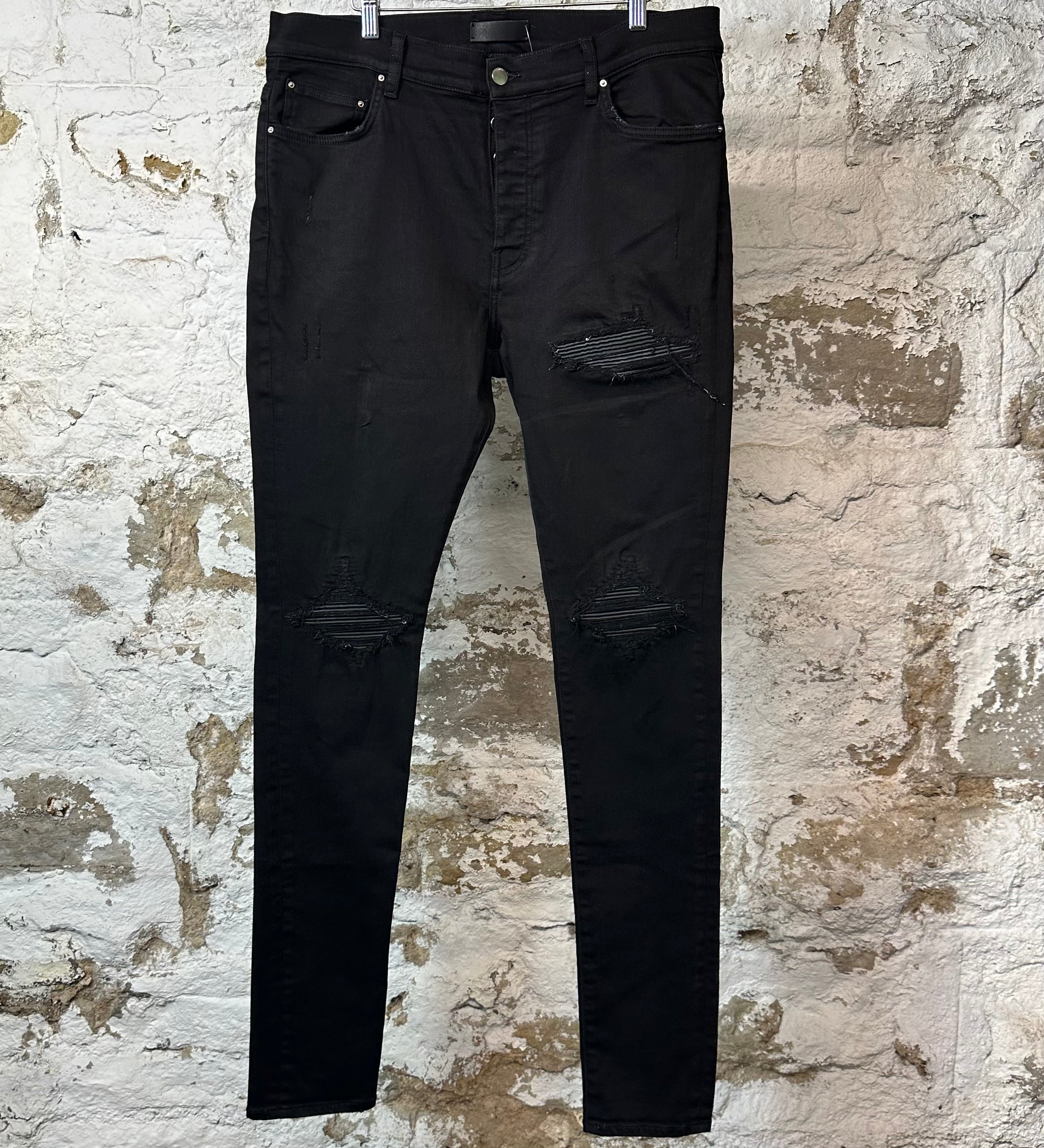 Amiri MX1 Black Leather Black Denim Jeans Sz 36
