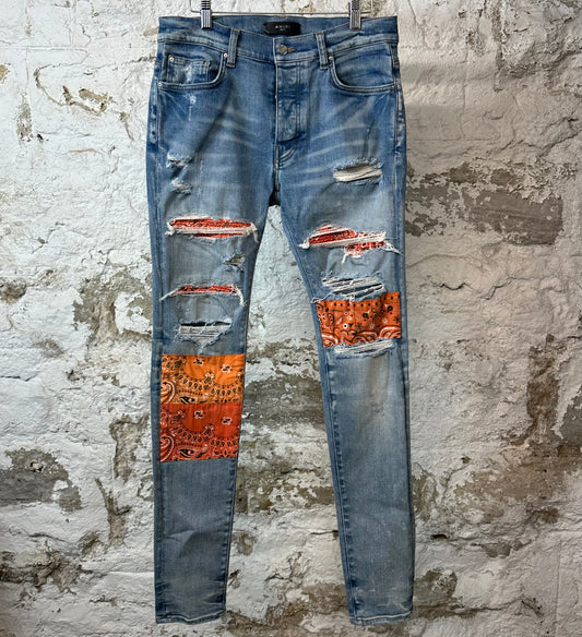 Amiri MX1 Orange Paisley Patches Blue Denim Jeans Sz 31