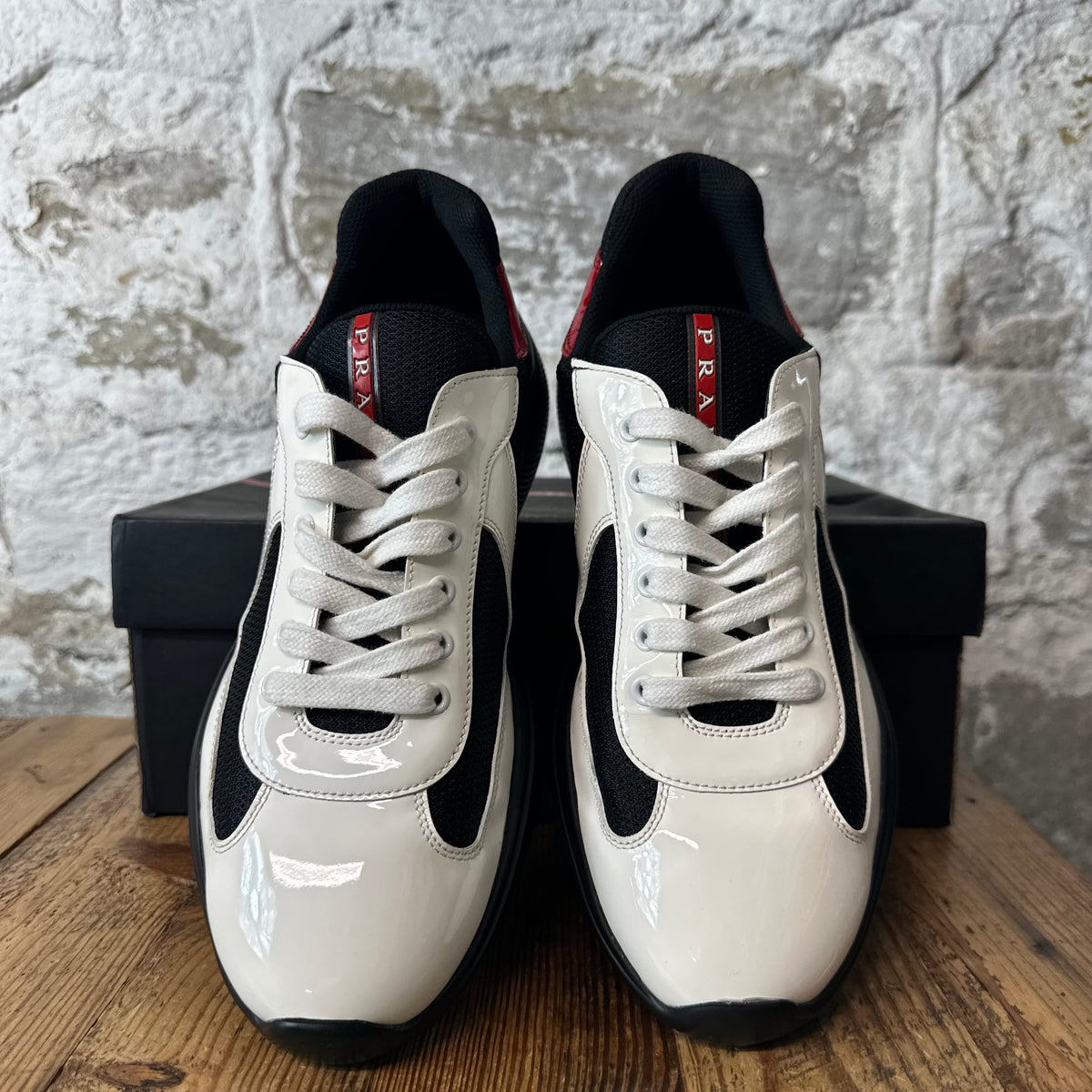 Prada Americas Cup White Red Patent Black Sneaker Sz 10.5