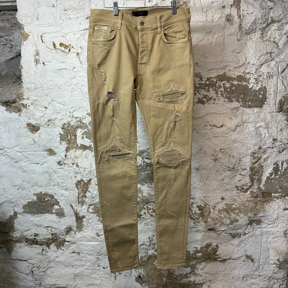 Amiri MX1 Tan Leather Tan Denim Jeans Sz 31 (Stained)