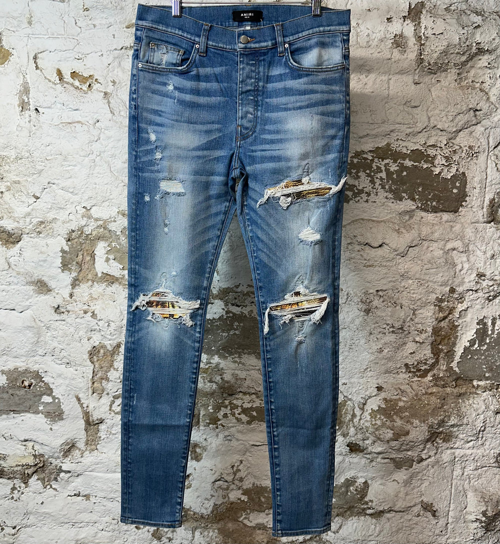 Amiri MX1 Aloha Patch Blue Denim Jeans Sz 34