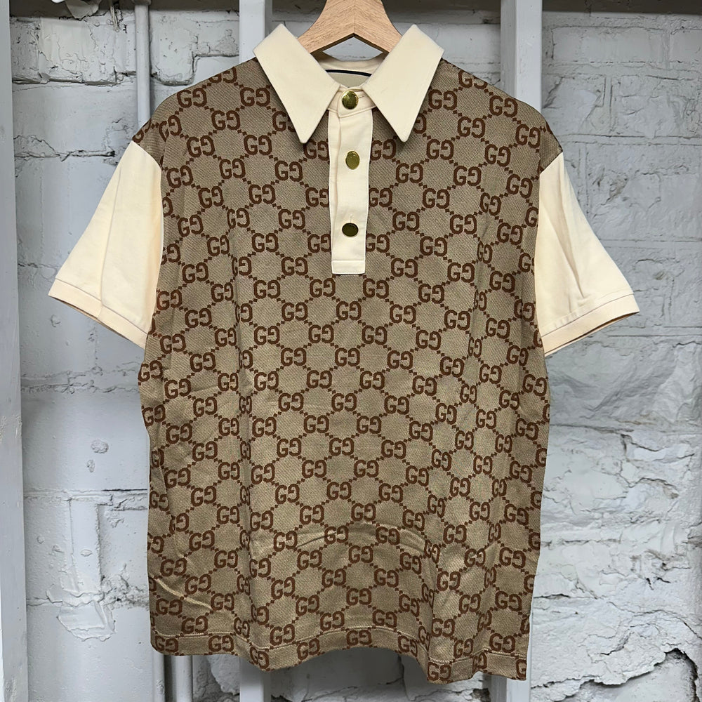 Gucci Beige GG Monogram Cream Polo Shirt Sz M