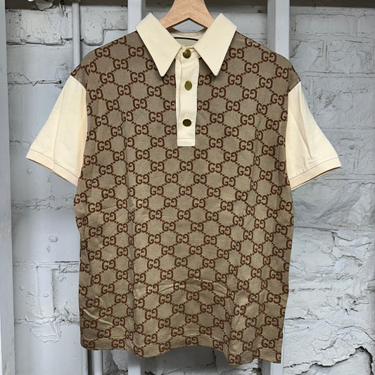 Gucci Beige GG Monogram Cream Polo Shirt Sz M