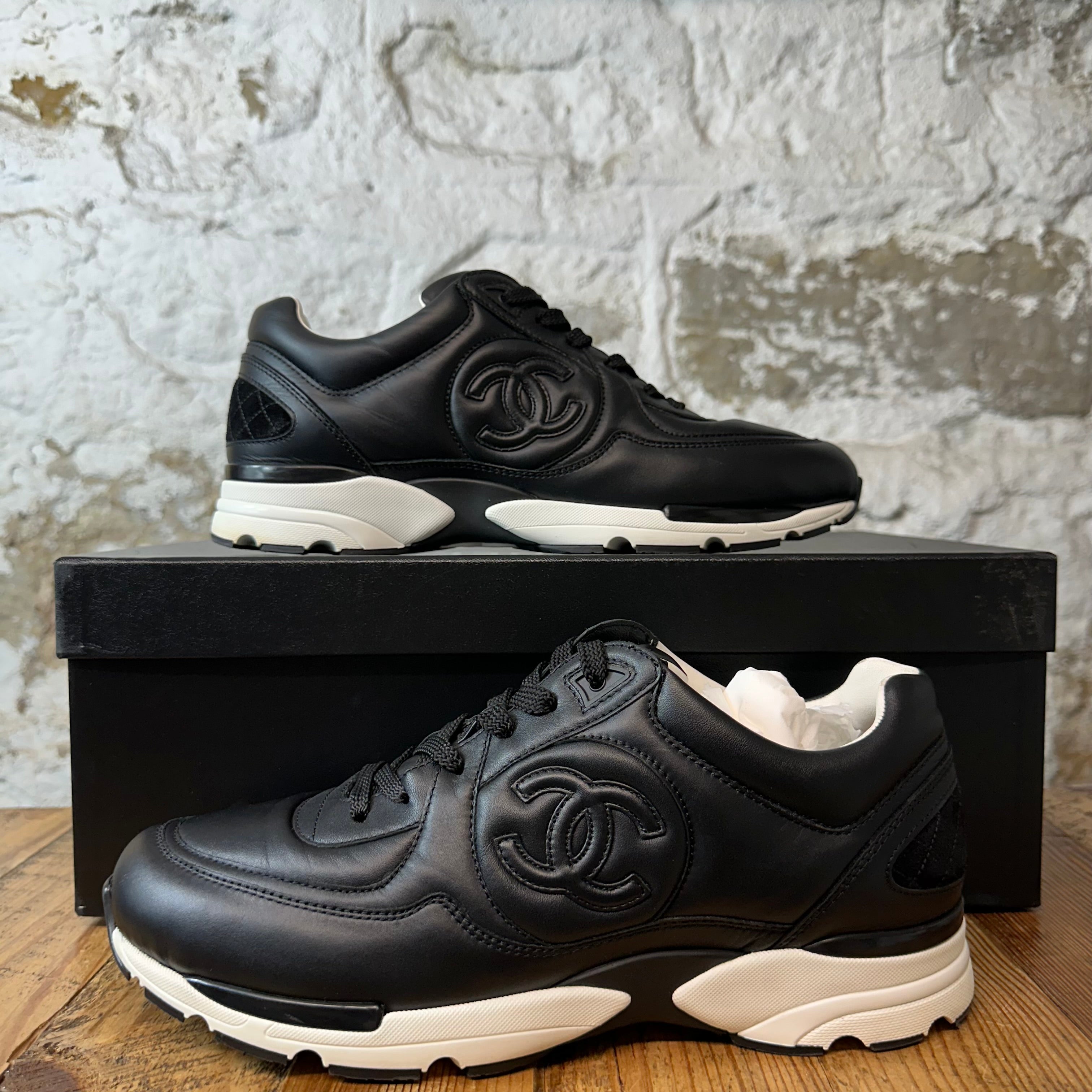 Chanel CC Triple Black Leather White Trainer Sneaker Sz 9 (42)