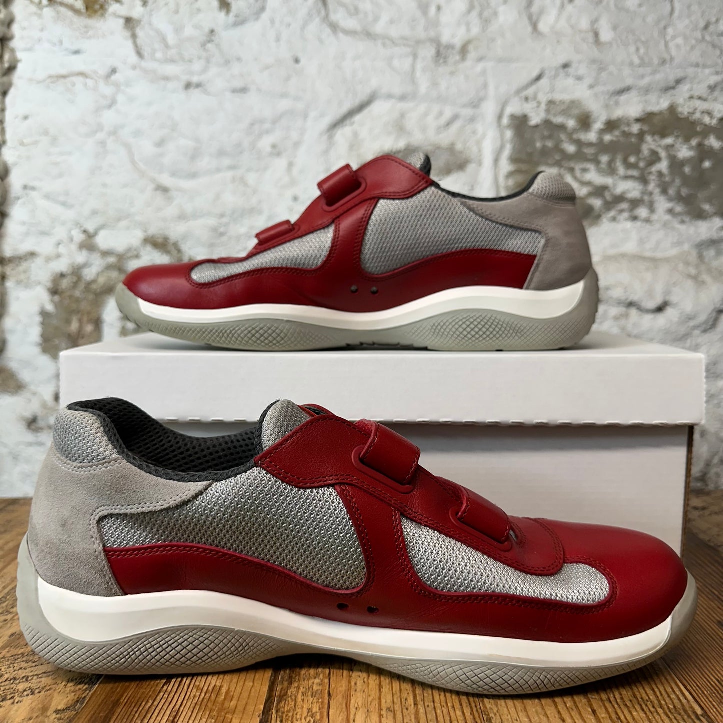 Prada Americas Cup Vintage Red Leather Strap Grey Sneaker Sz 8