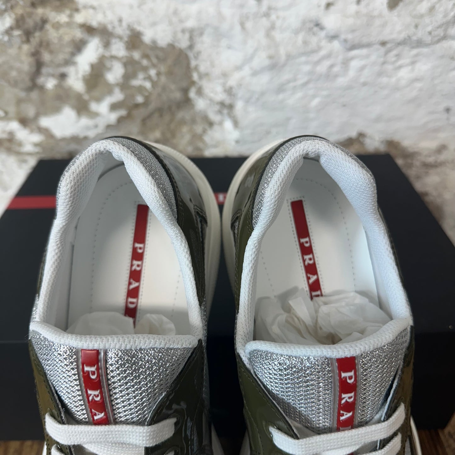 Prada Americas Cup Loden Argento Patent Sneaker Sz 9 DS