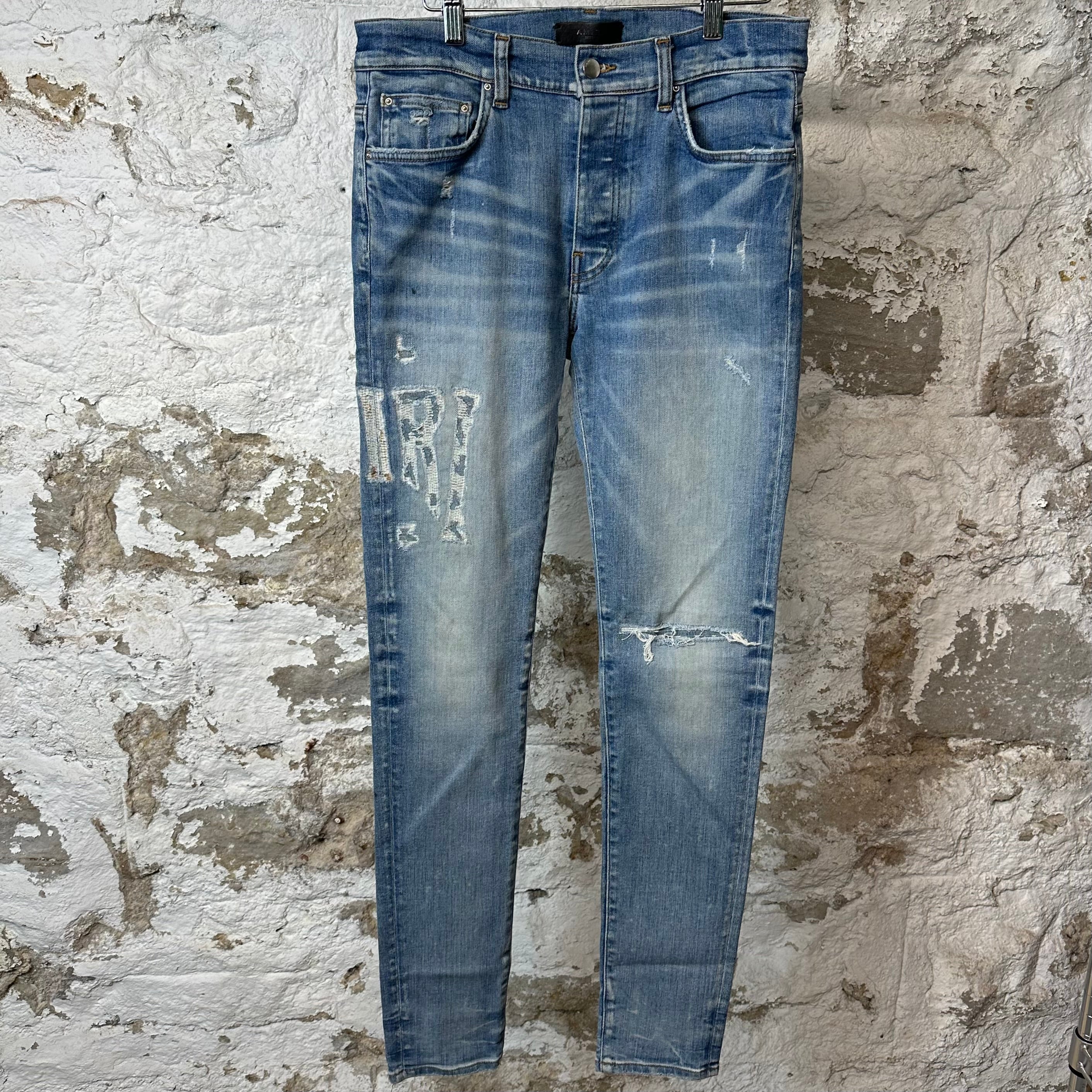 Amiri Distressed Logo Blue Denim Jeans Sz 31