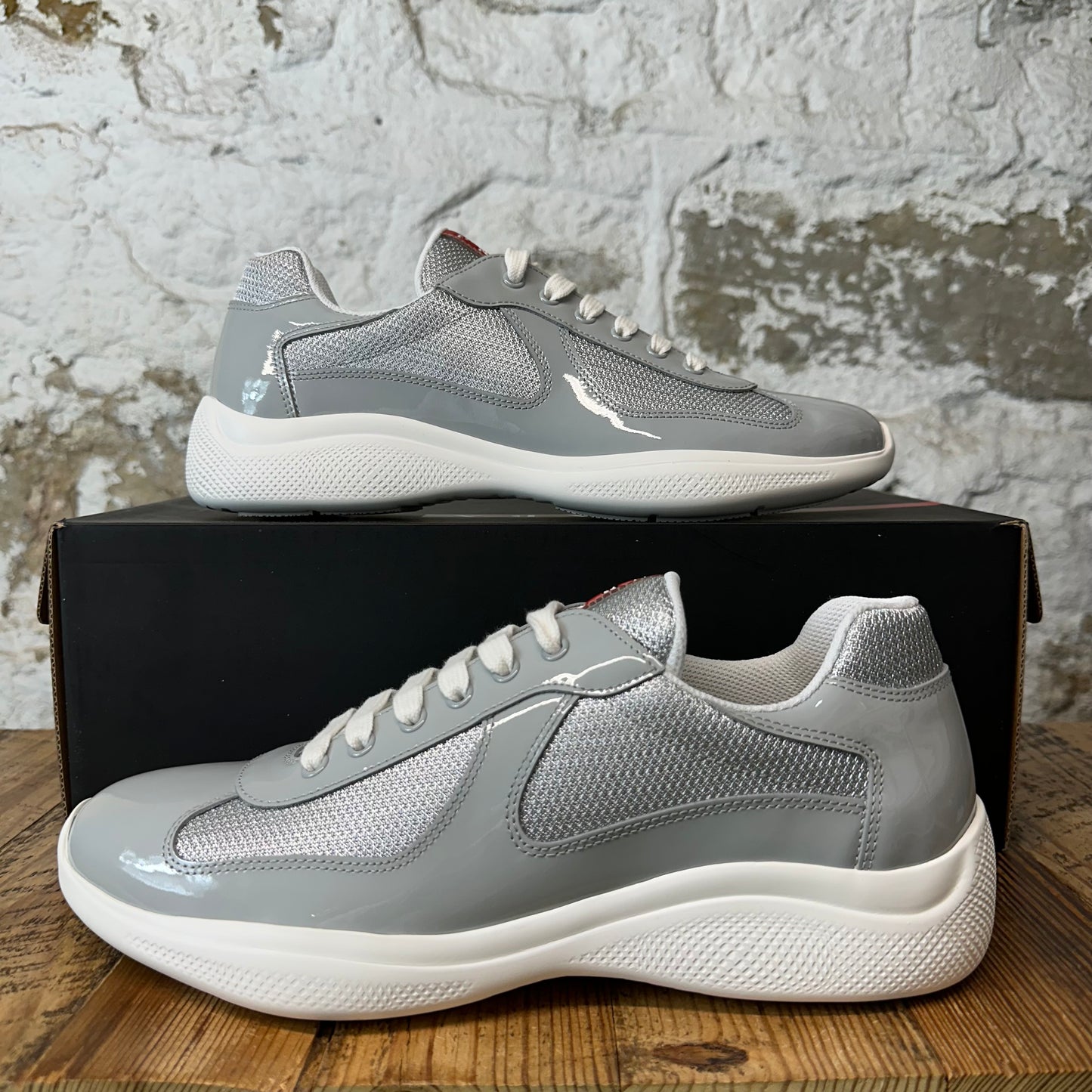 Prada Americas Cup Grey Patent White Sneaker Sz 9 DS
