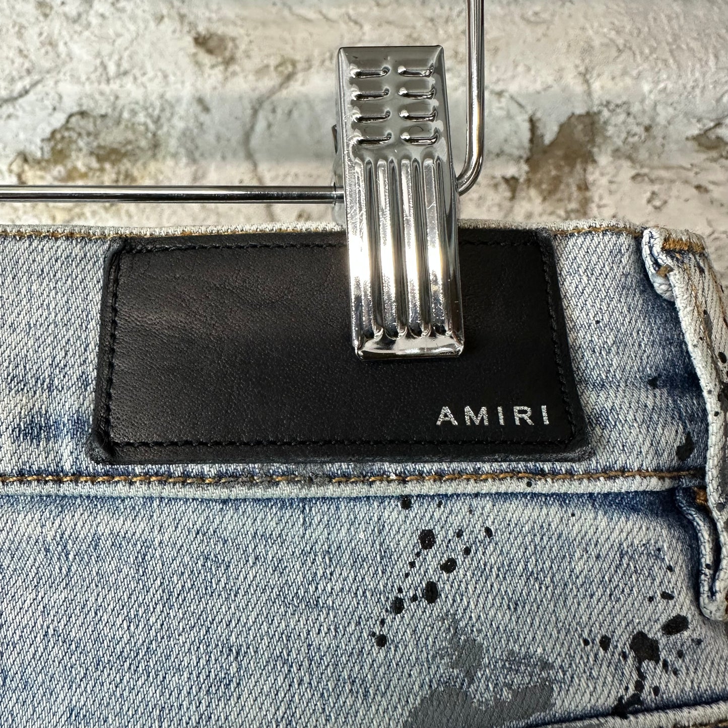 Amiri MX1 Blue Patch Paint Splatter Blue Denim Jeans Sz 32