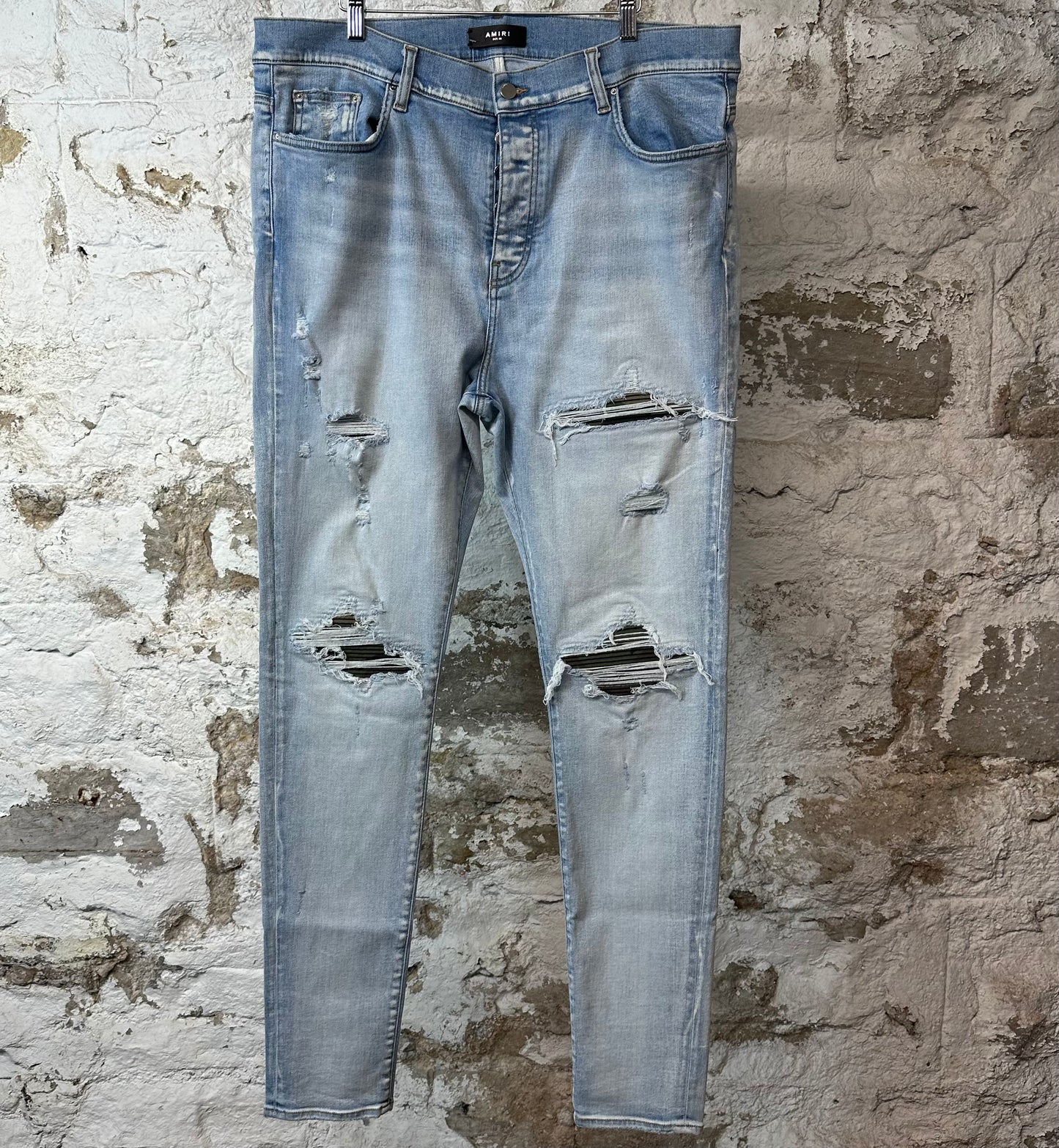 Amiri MX1 Camo Patch Light Blue Denim Jeans Sz 40