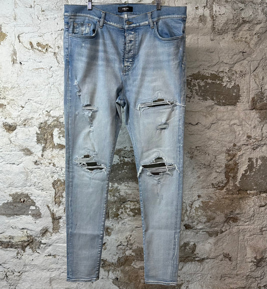 Amiri MX1 Camo Patch Light Blue Denim Jeans Sz 40