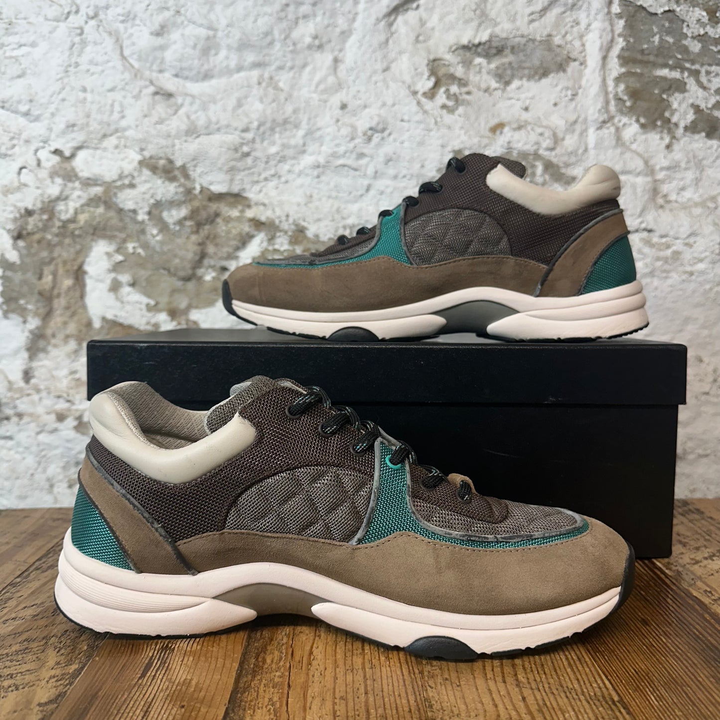 Chanel Black CC Brown Green Trainer Sneaker Sz 12 (45)