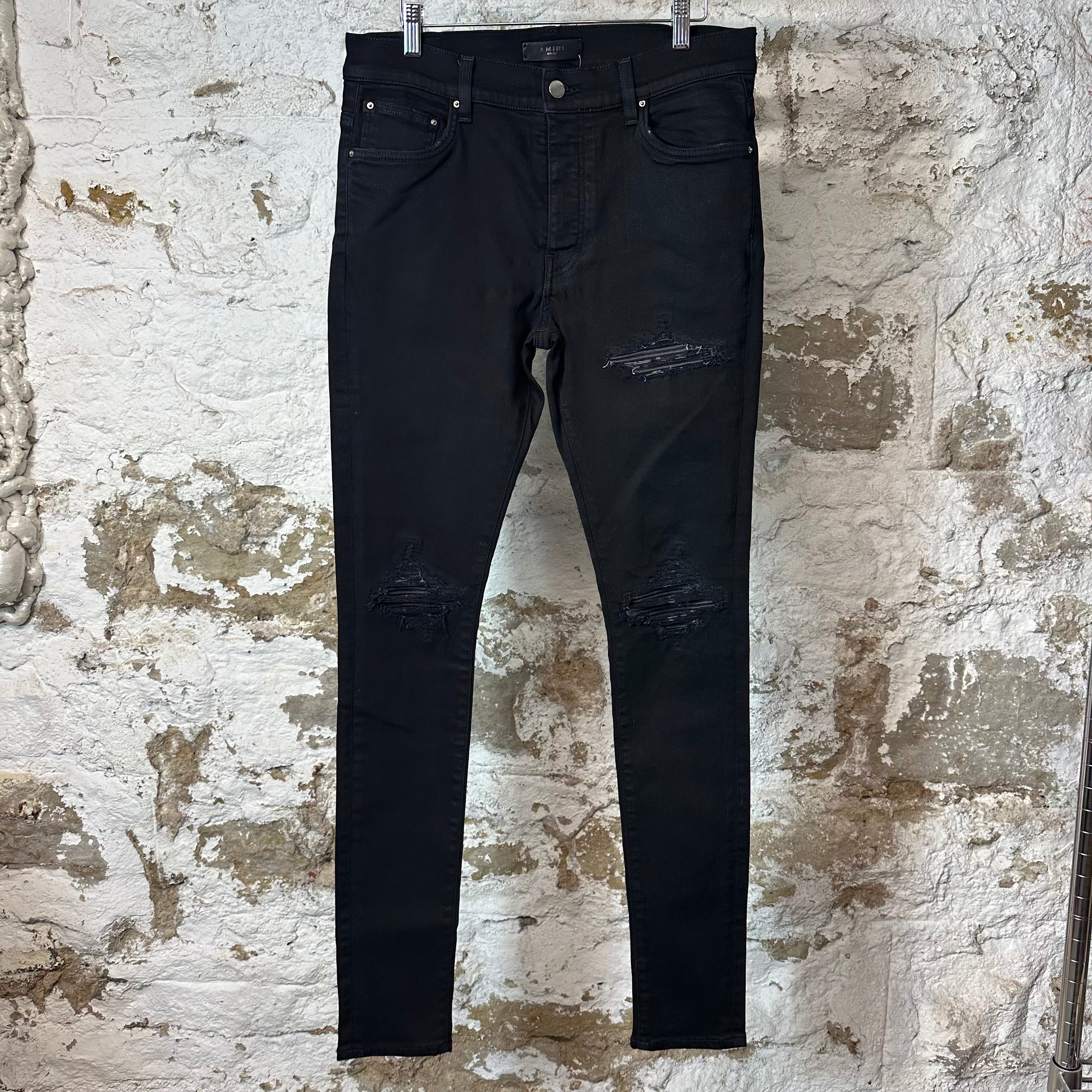 Amiri MX1 Black Leather Black Denim Jeans Sz 32