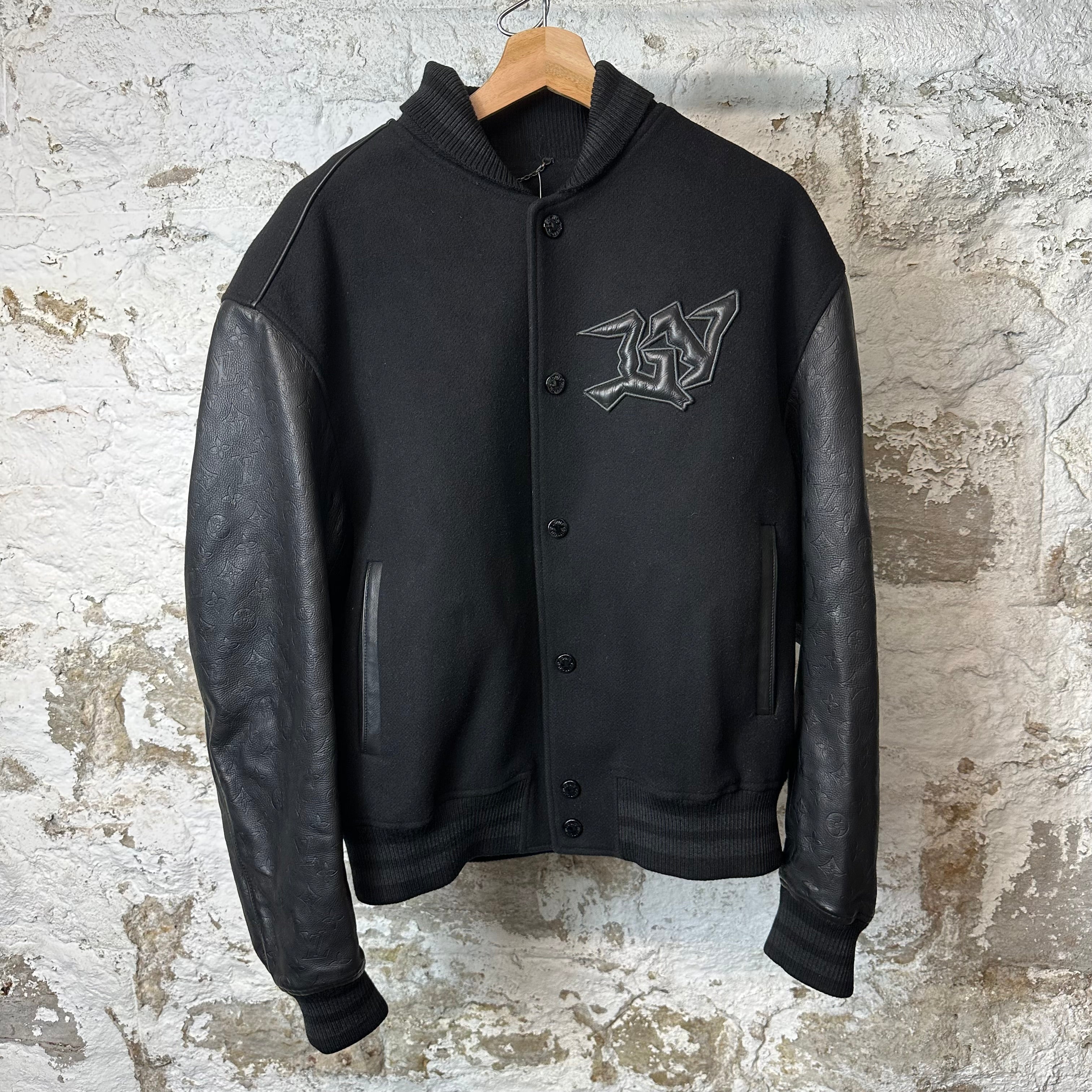 Louis Vuitton Black Monogram Leather Wool Mask Varsity Jacket Sz M (48)