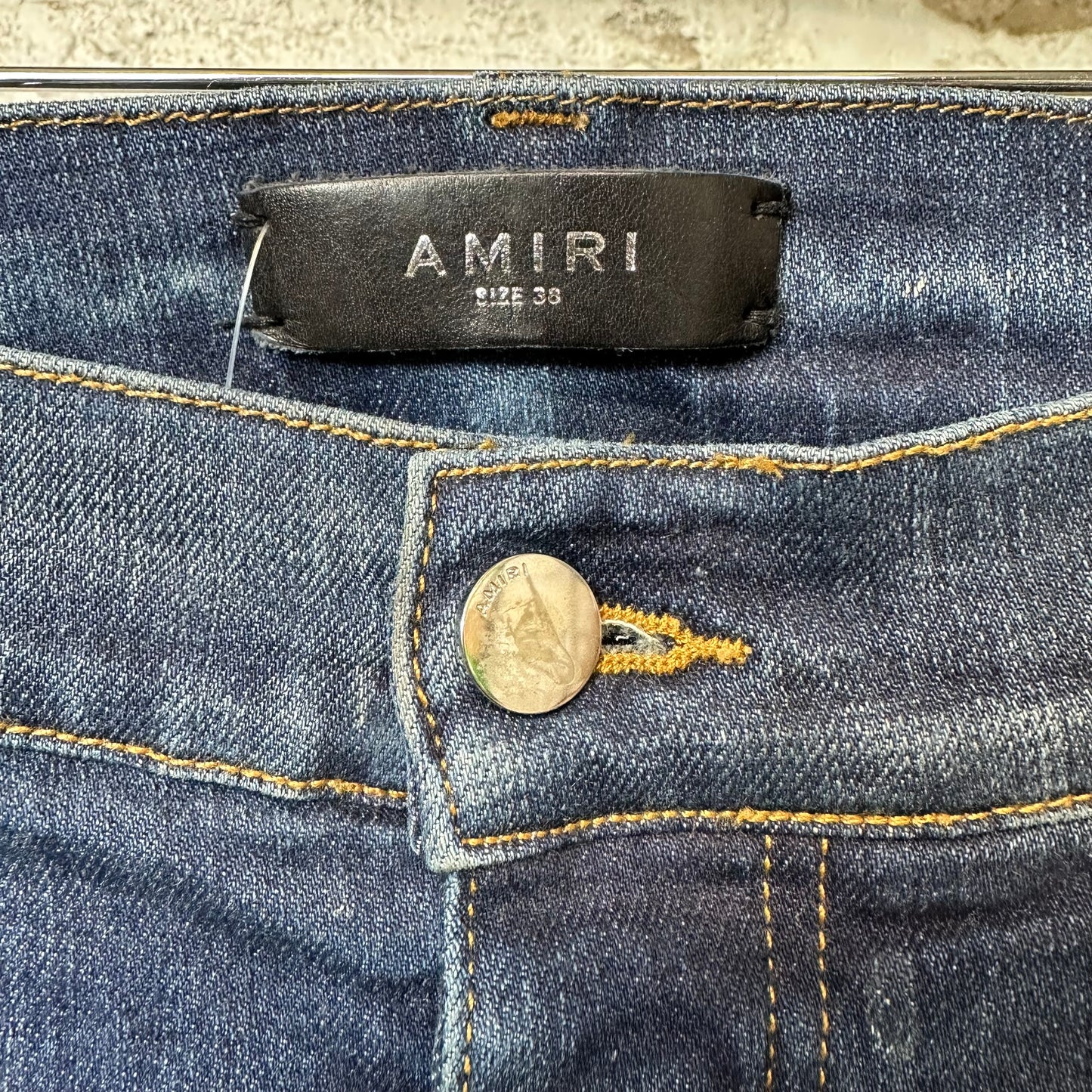 Amiri MX1 Black Leather Dark Blue Denim Jeans Sz 38