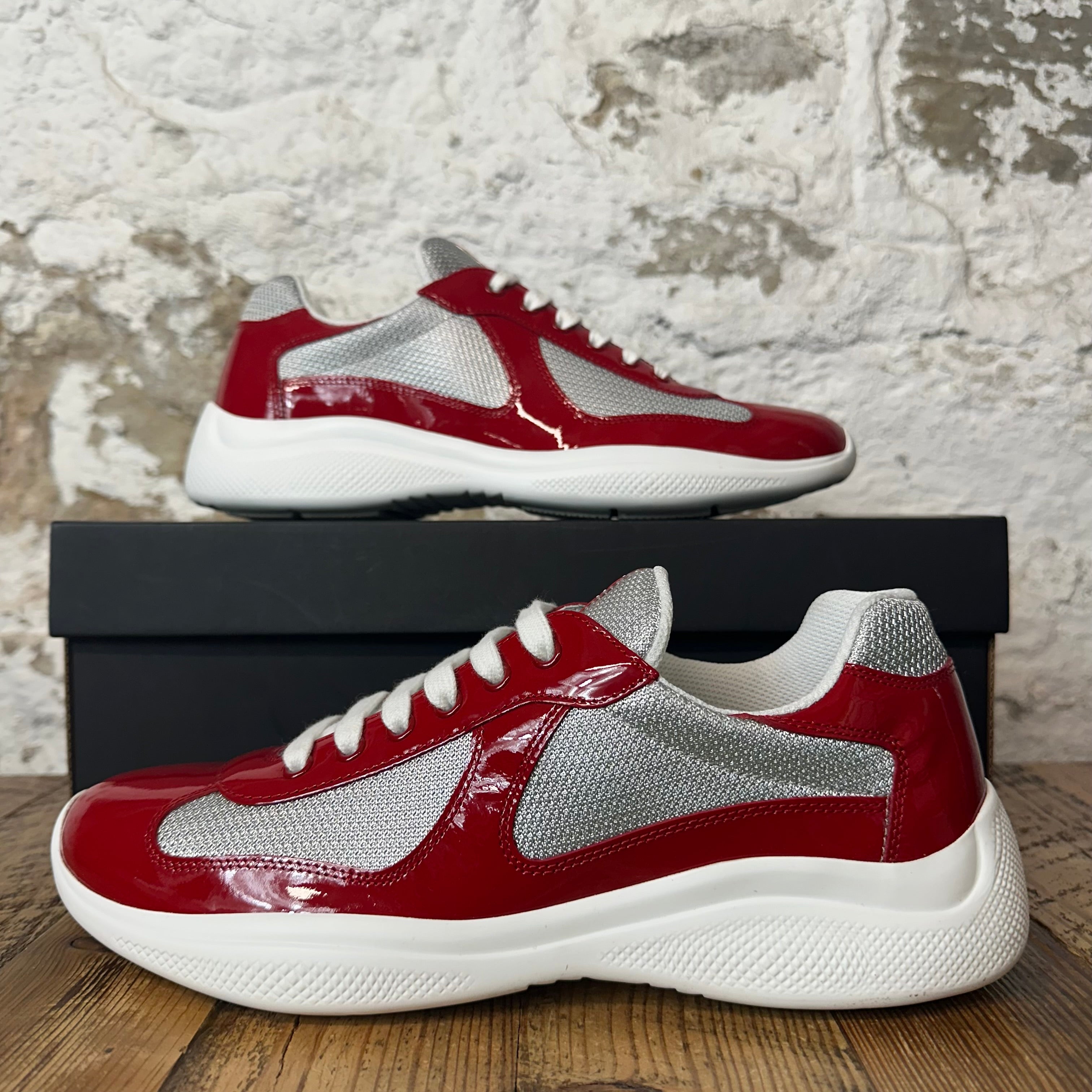 Prada Americas Cup Red Patent Grey White Sneaker Sz 8