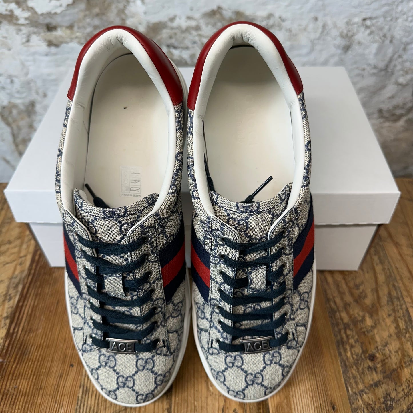 Gucci Ace Navy GG Monogram Beige Sneaker Sz 9