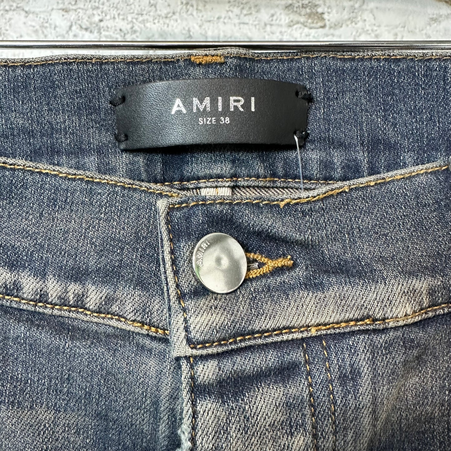 Amiri MX1 Black Leather Dirty Blue Denim Jeans Sz 38