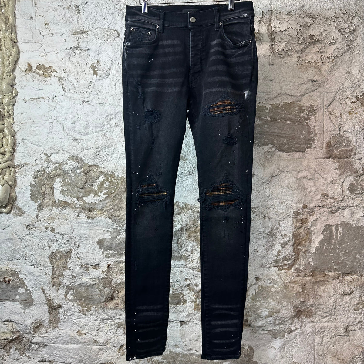 Amiri MX1 Brown Plaid Flannel Black Denim Jeans Sz 30