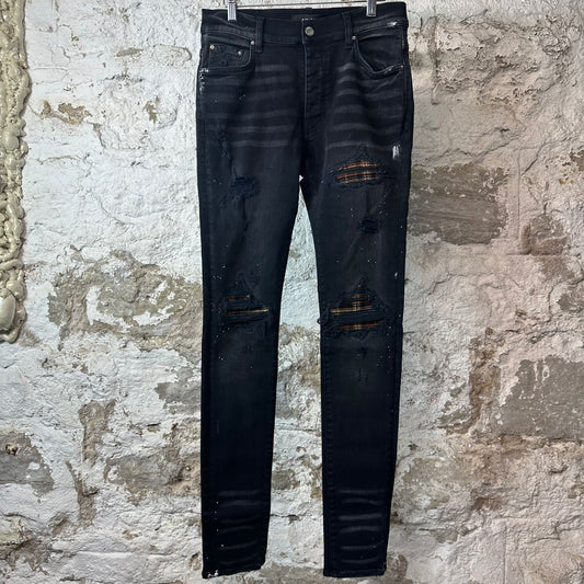 Amiri MX1 Brown Plaid Flannel Black Denim Jeans Sz 30