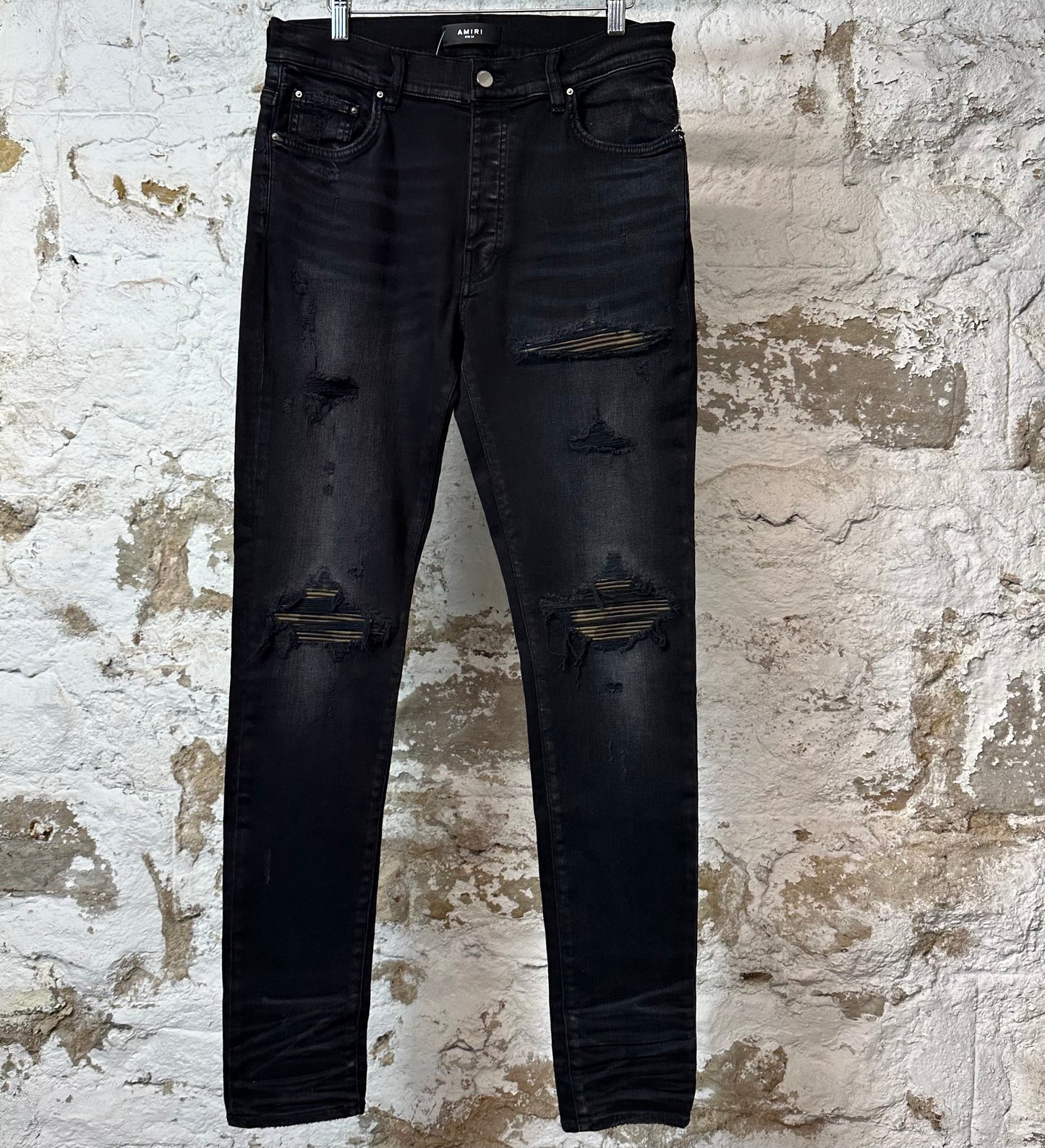 Amiri MX1 Camo Patch Black Denim Jeans Sz 34