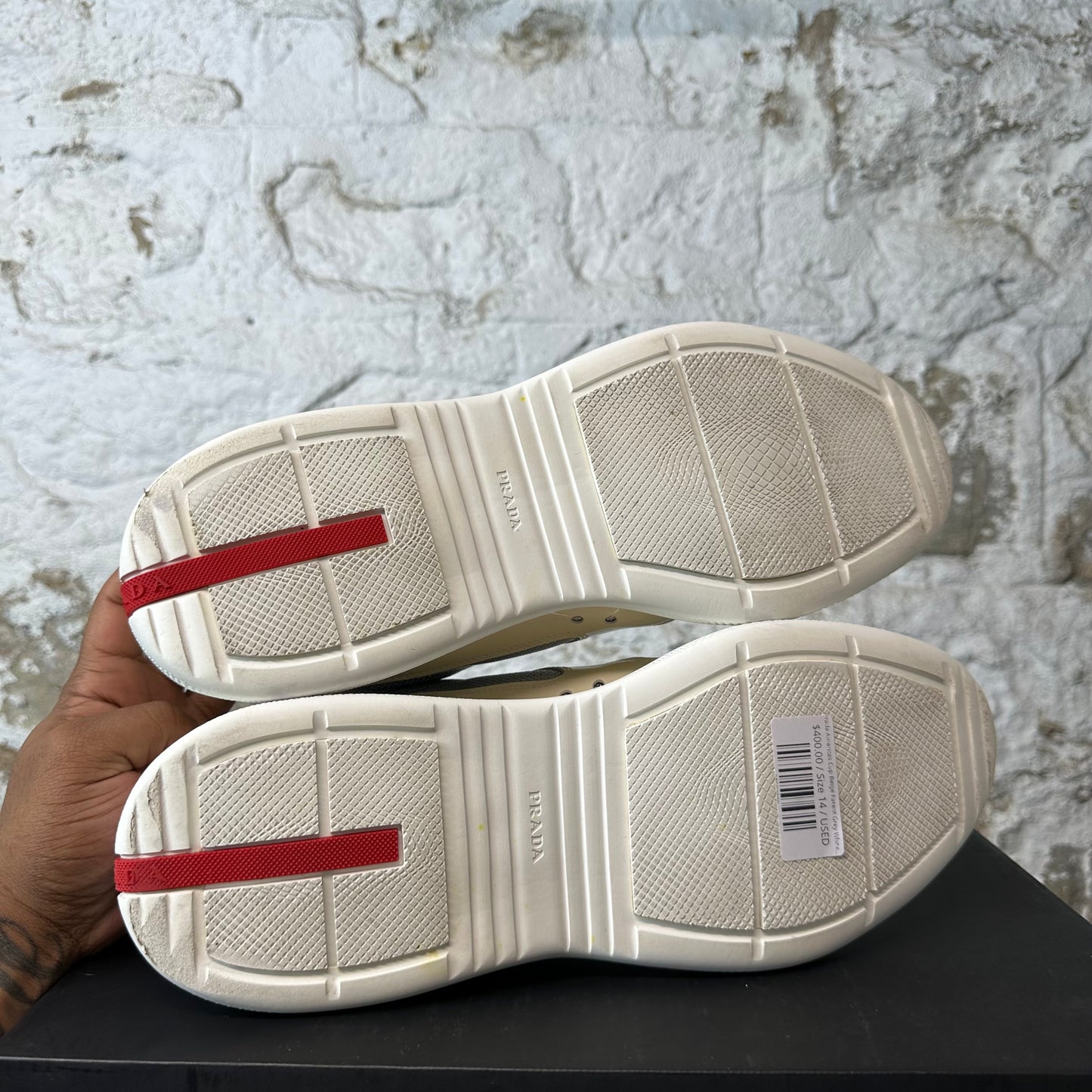 Prada Americas Cup Beige Patent Grey White Sneaker Sz 14