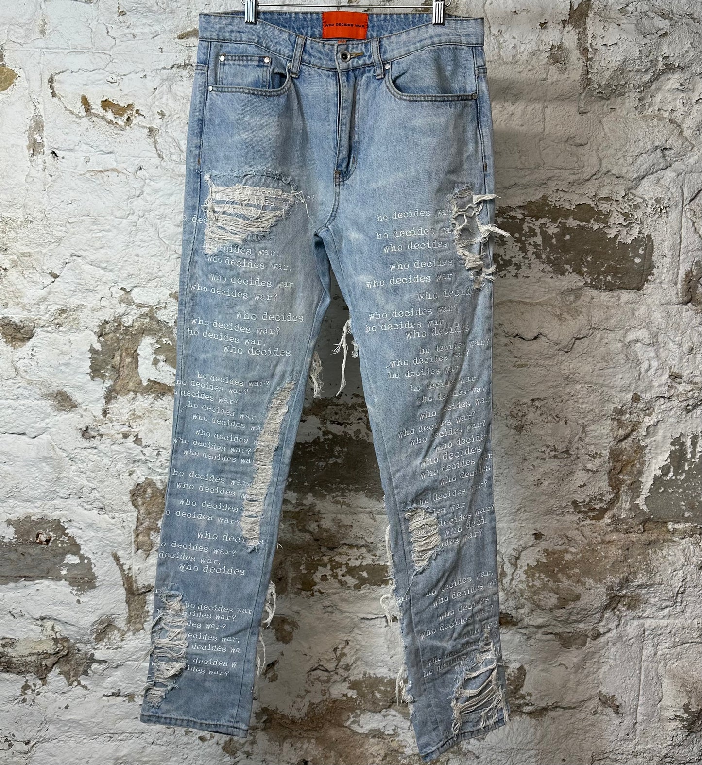 Who Decides War Scripture Blue Denim Jeans Sz 32