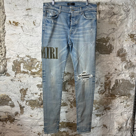 Amiri MX1 Camo Spell Blue Denim Jeans Sz 34