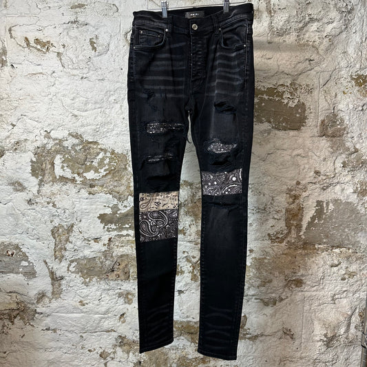 Amiri MX1 Grey Paisley Patches Black Denim Jeans Sz 31